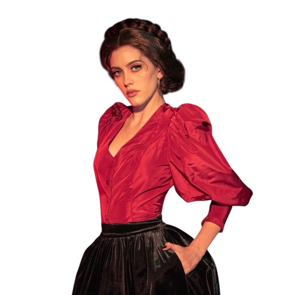 La Femme En Noir Tops - Crimson Peak Taffeta Edwardian Blouse - Crimson Red